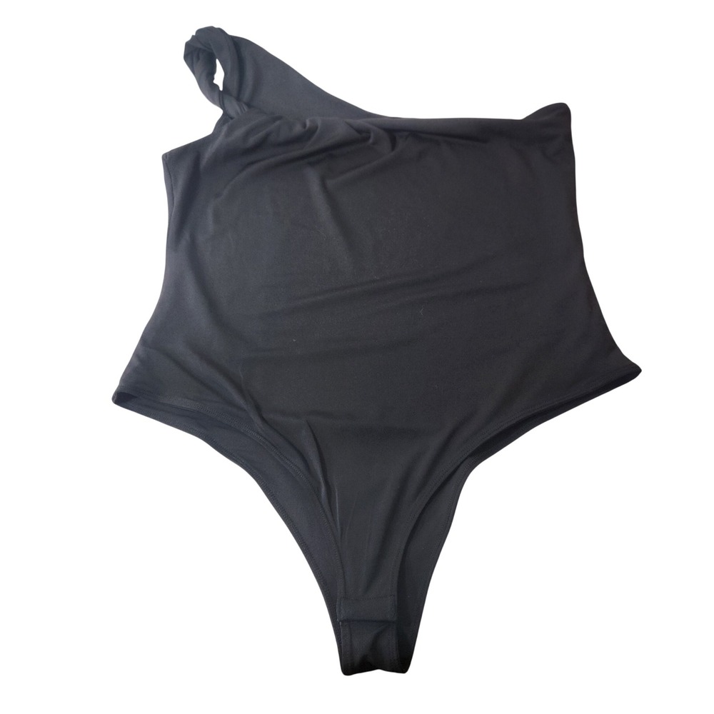 HM One Shoulder‎ Bodysuit Black Twisted Strap Thong Snap Closure Large